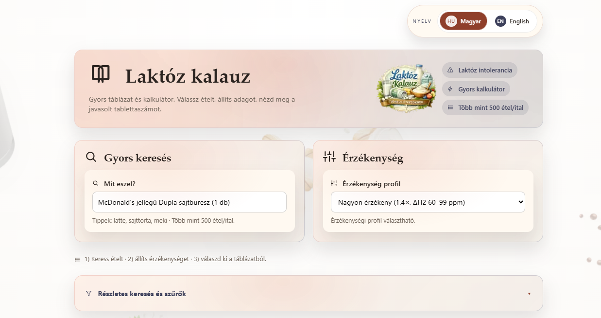 Laktóz kalauz main page overview